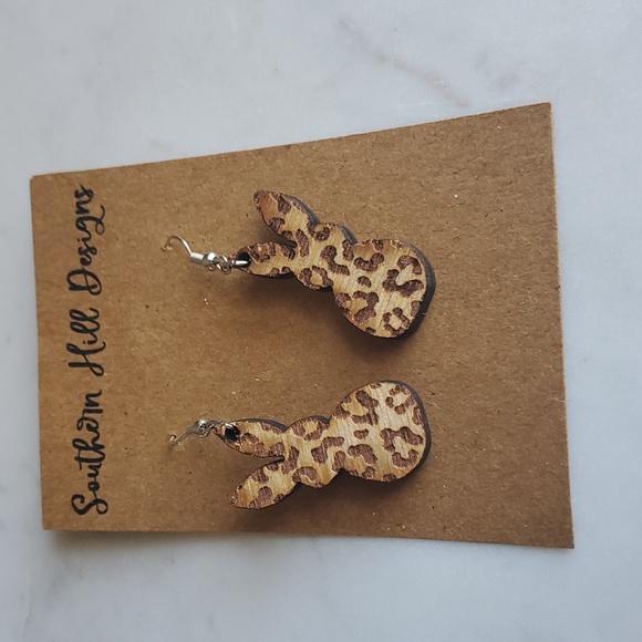 Jewelry - Bunny Leopard Print Wood Dangle Earrings New